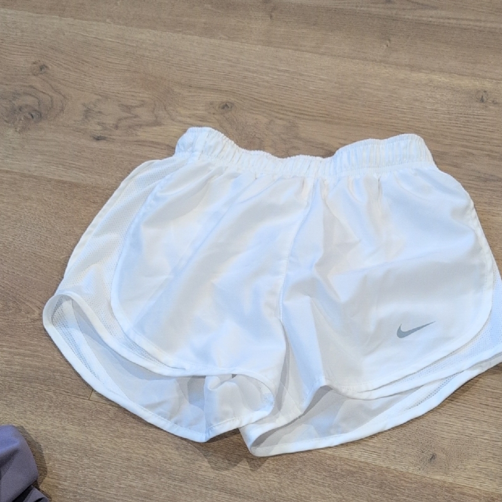 Nike Women's White Athletic Running Shorts with Silver Swoosh